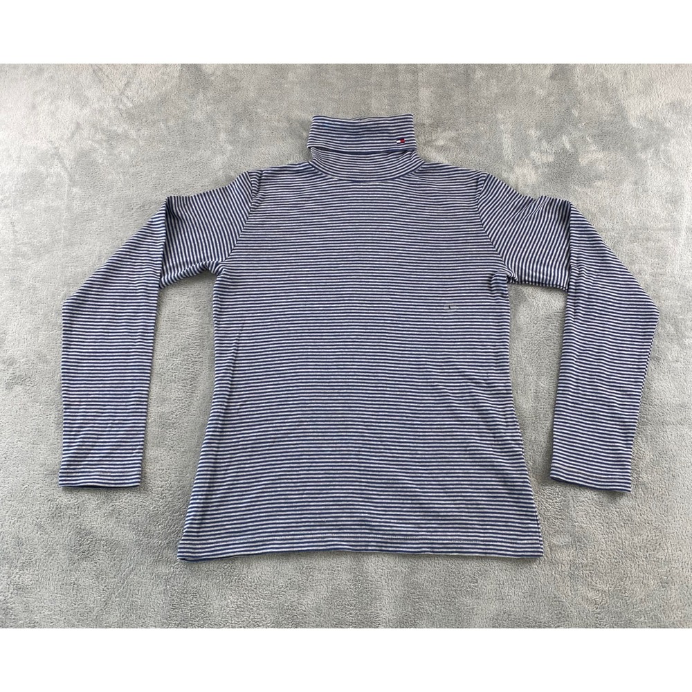 Tommy Hilfiger Jeans Womens Striped Turtleneck Long Sleeve Top Blue Grey Large